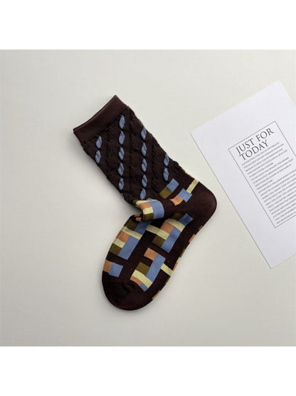 Rufia - Color Block Mid-Calf Socks – Check & Dots