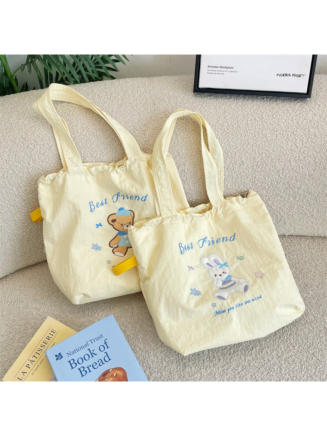 Cosbai Cute Bunny Bear Shopper Tote Bag front view with bunny and bear design