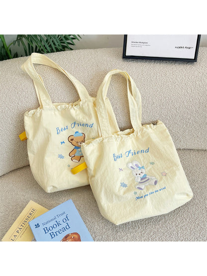 Cosbai Cute Bunny Bear Shopper Tote Bag front view with bunny and bear design