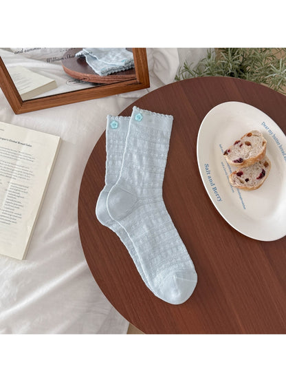 Rufia - Flower Shaped Button Accent Solid Color Crew Socks