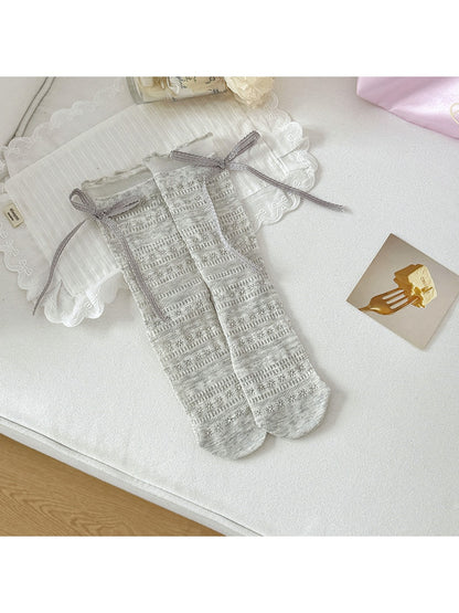 Rufia - Sweet Bow Lace Trim Solid Color Crew Socks