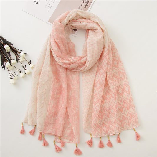 Pink feather print shawl with beaded tassels