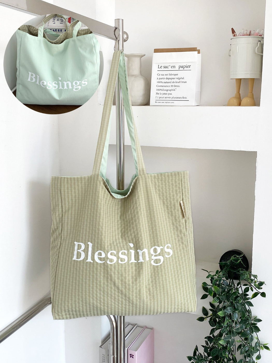 Cosbai tote bag reversed to white side with blessings graphic visible