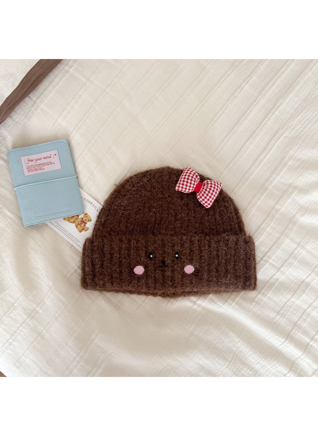 Haila - Cat Face Knit Beanie with Gingham Bow