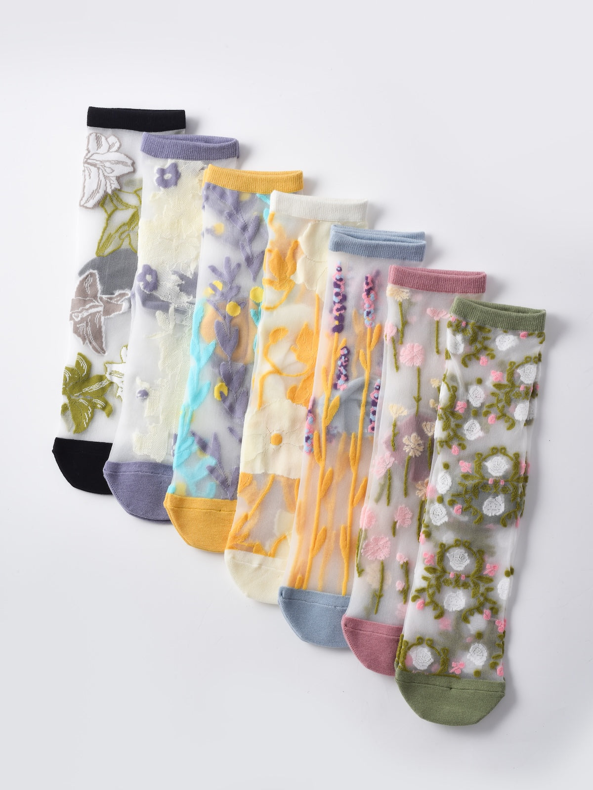 Rufia - Sheer Garden Flower Embroidered Crew Socks