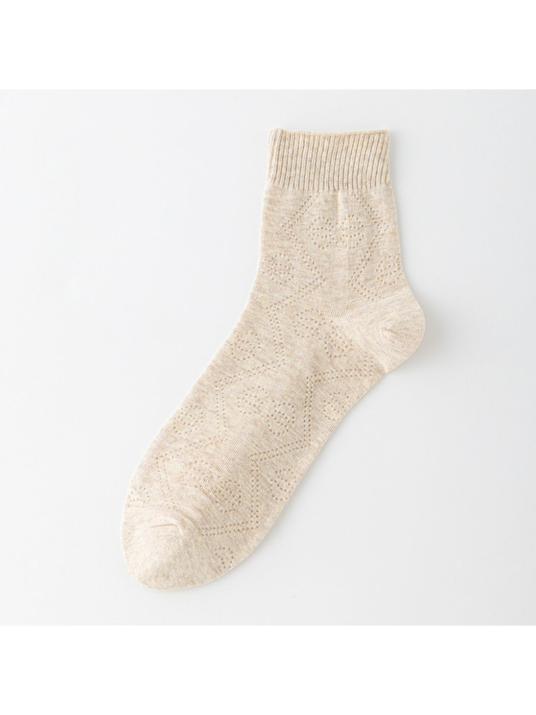 Rufia Pointelle Ribbon Crew Socks in light beige color with subtle ribbon pattern