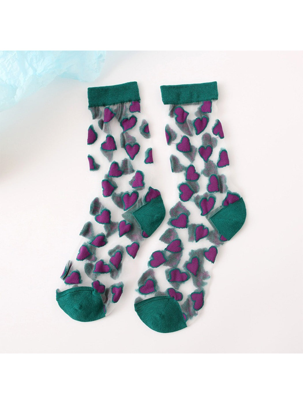 Rufia Candy Heart sheer crew socks folded to show cuff and heart details