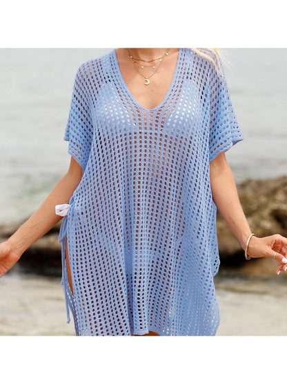 Crosa - Hollow-Out Solid Color Loose Beach Cover Up Dress