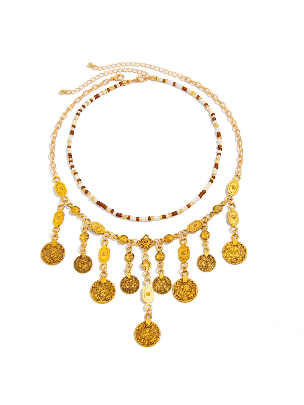 Boho coin pendant necklace styled on a white background