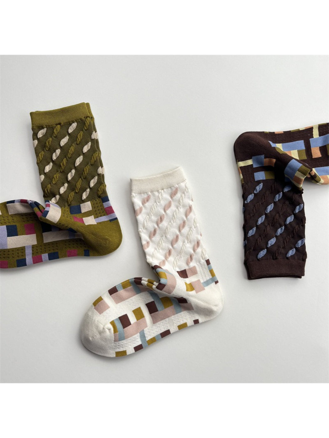 Rufia - Color Block Mid-Calf Socks – Check & Dots