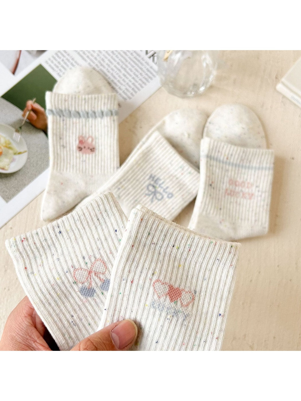 Rufia - Simple Cartoon Pattern Heathered Crew Socks