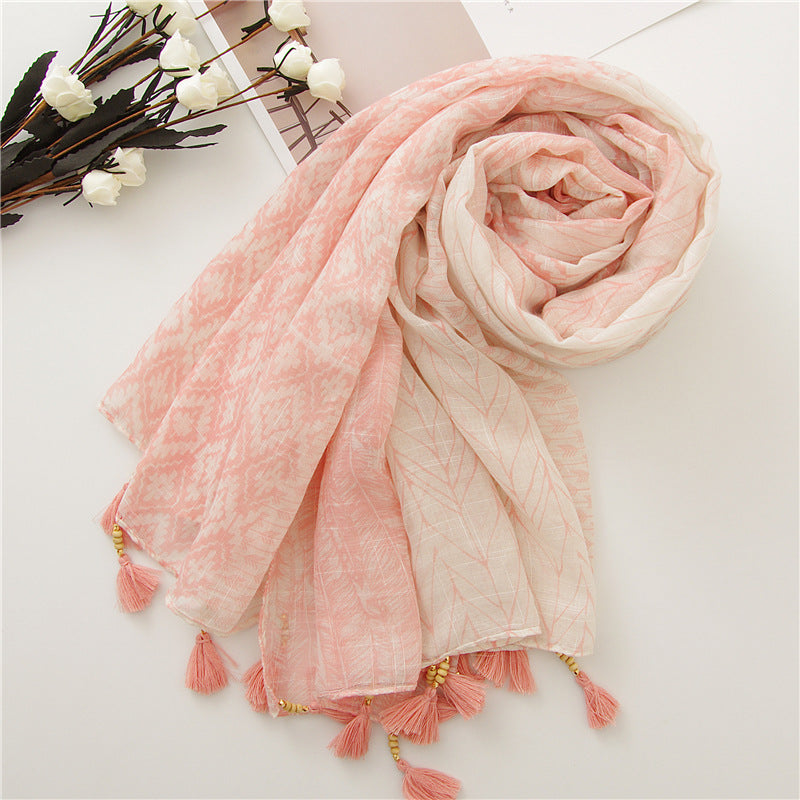 Pink feather and geometric print shawl