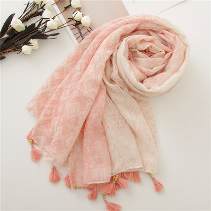 Pink feather and geometric print shawl
