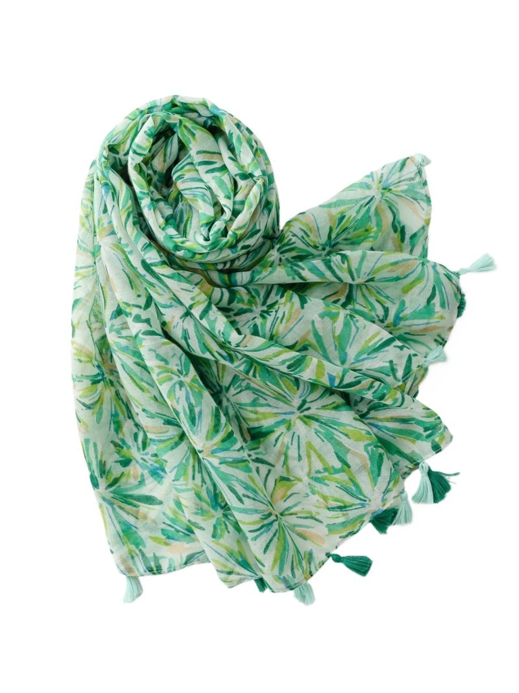 Green floral scarf styled as a head wrap showing tassels