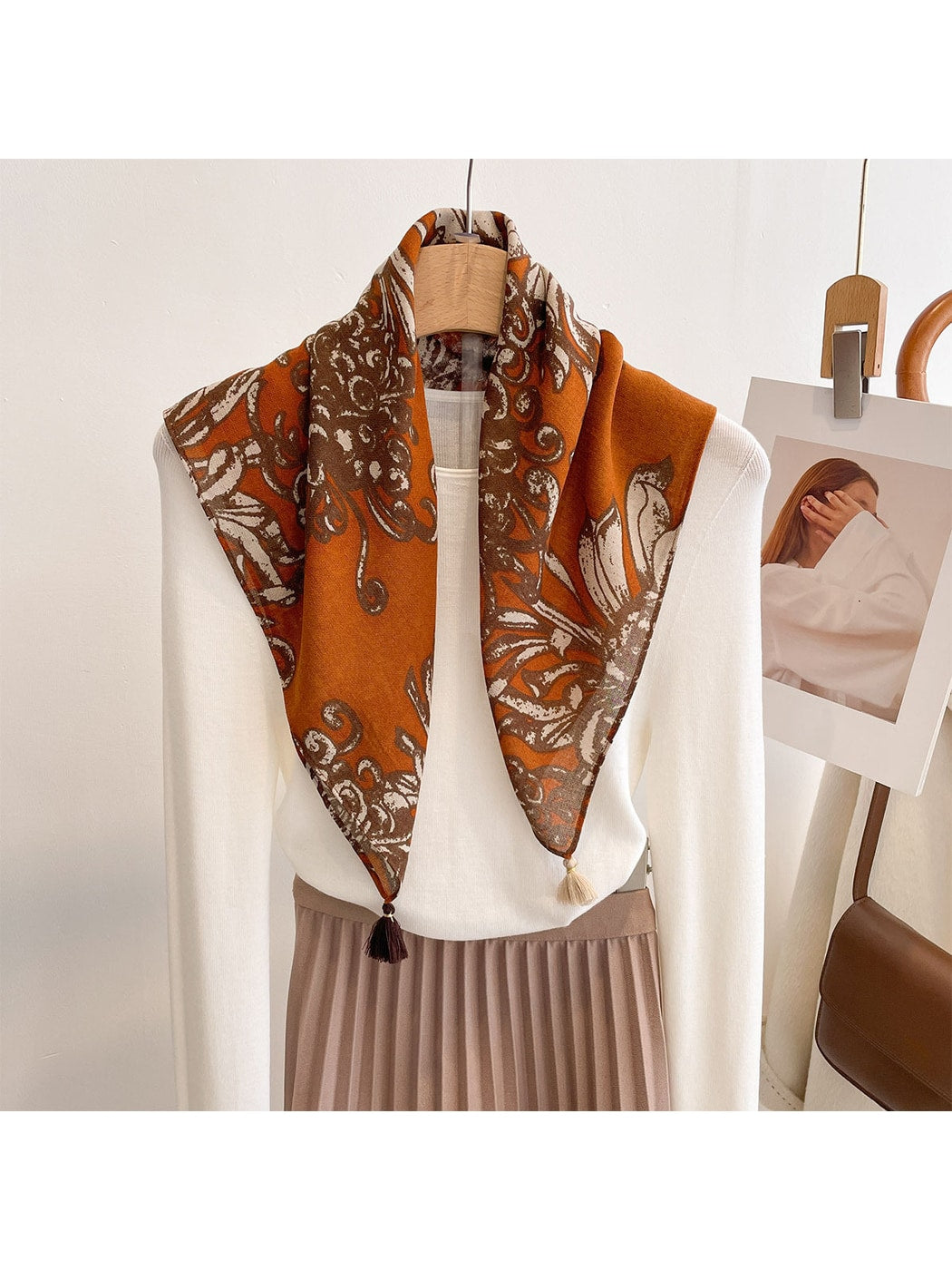 Scarvii - Warm Tone Floral Print Fashion Square Scarf