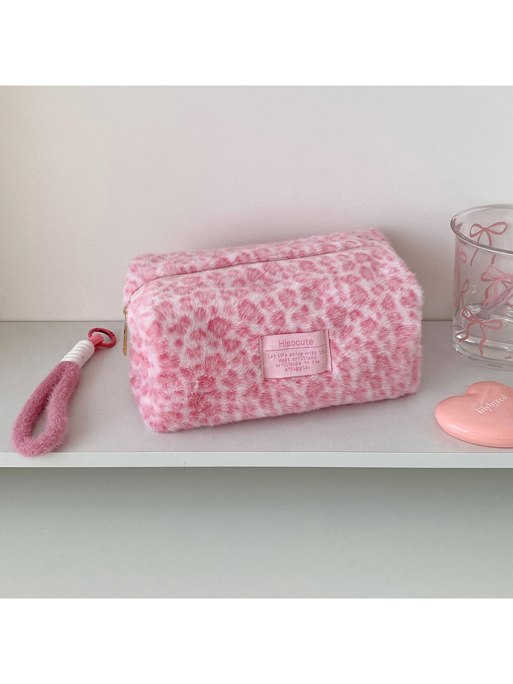 Cosbai - Plush Leopard Print Cosmetic Storage Bag