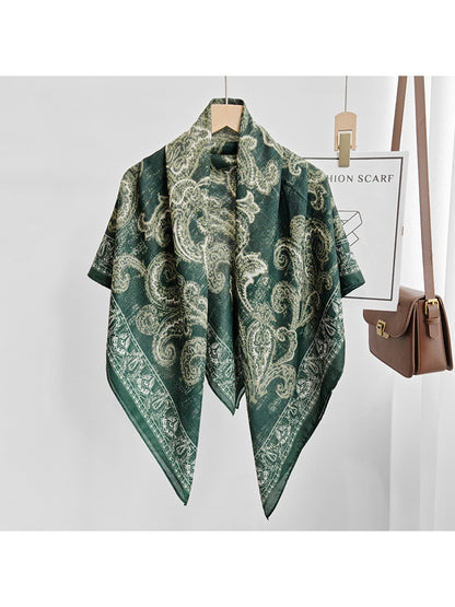 Scarvii - Green Paisley Floral Border Print Square Scarf