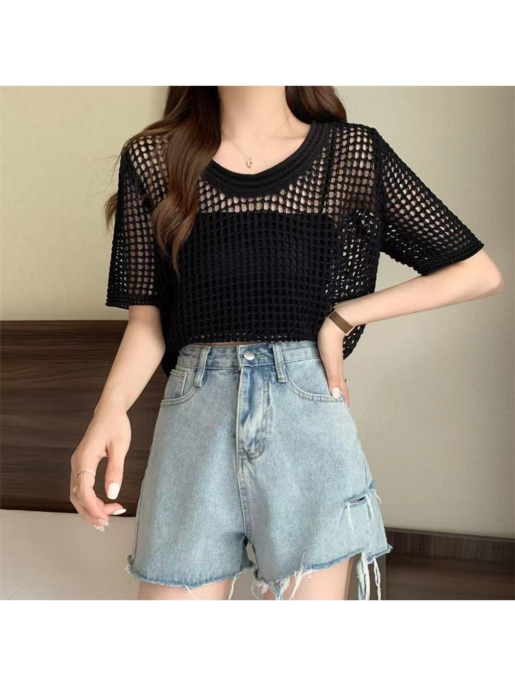 Crosa - Round Neck Hollow Out Knit Pullover Top