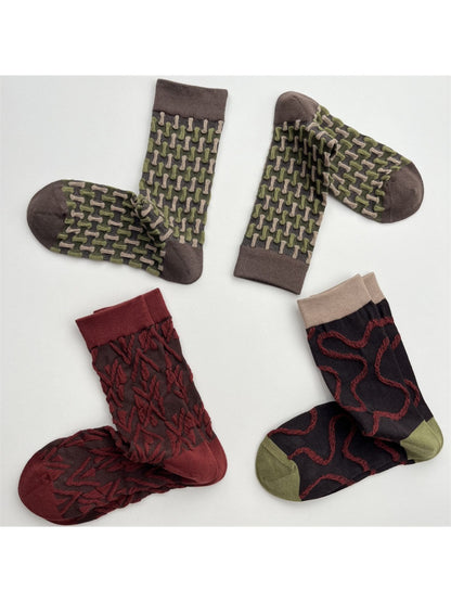 Rufia - Geometric Pattern Color-Block Mid-Crew Socks
