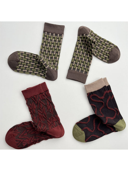 Rufia - Geometric Pattern Color-Block Mid-Crew Socks