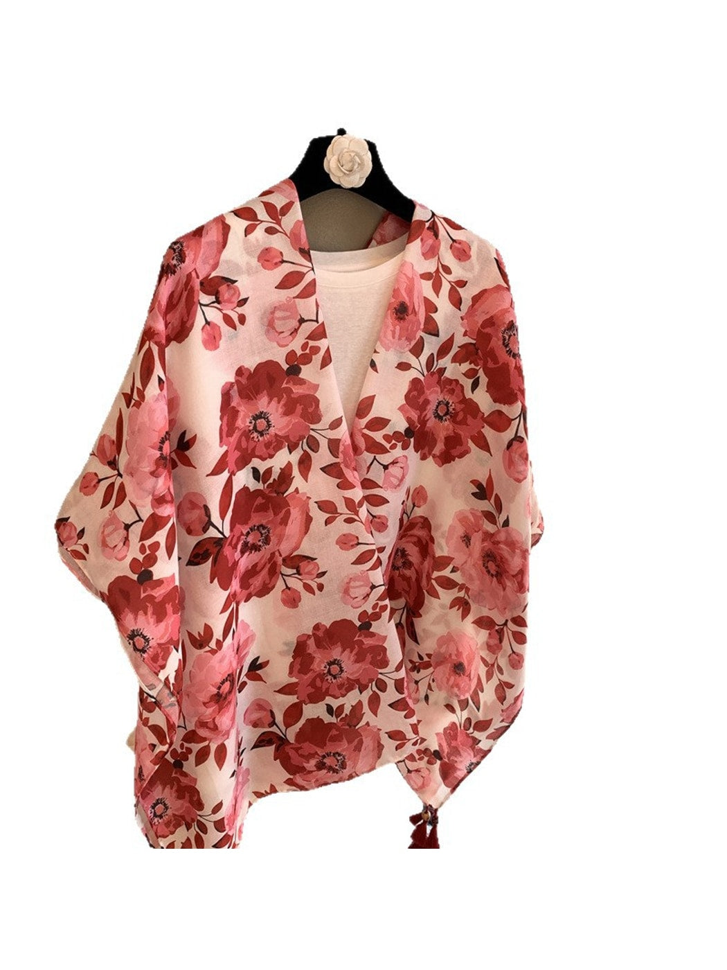 Scarvii - Rose Bloom Print Tassel Women's Scarf