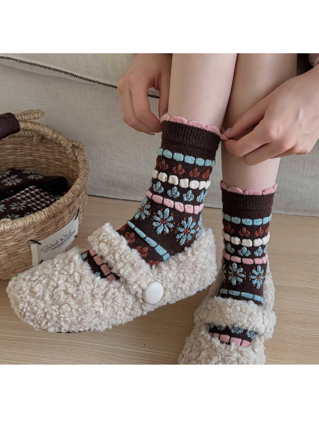 Rufia - Floral and Geometric Knit Crew Socks