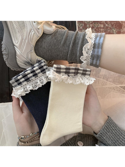 Rufia - Plaid Ruffle Lace Trim Crew Socks