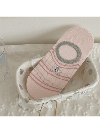 Rufia - Cute Dog Embroidered Stripe No Show Socks