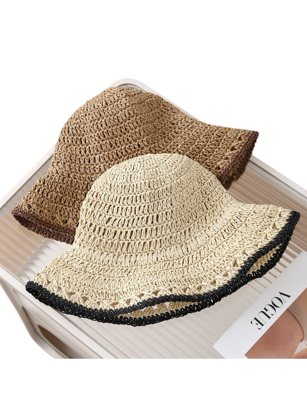 Side view of Haila lightweight crochet bucket hat showing detailed trim