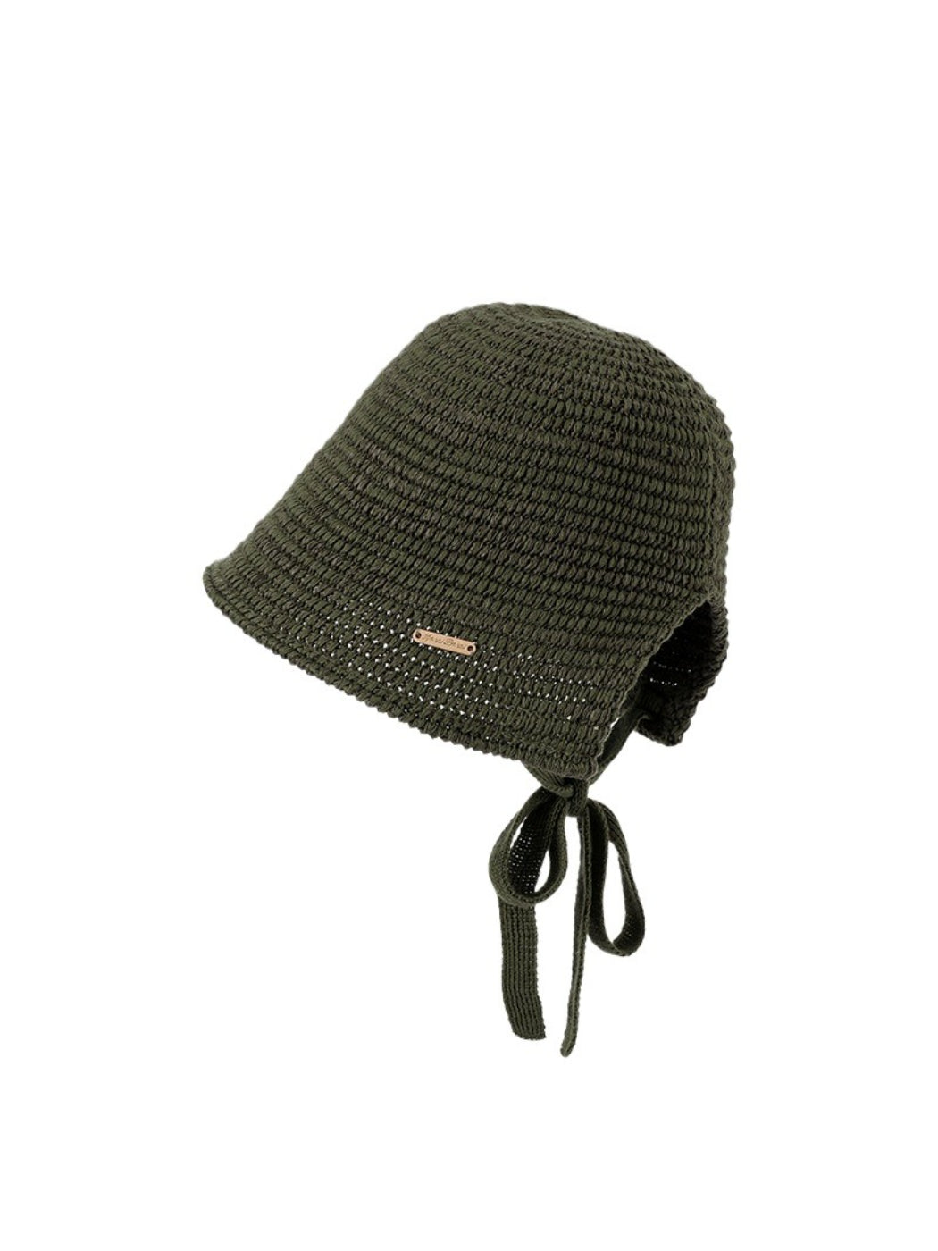 Haila crochet hat displayed on a wooden surface with natural lighting