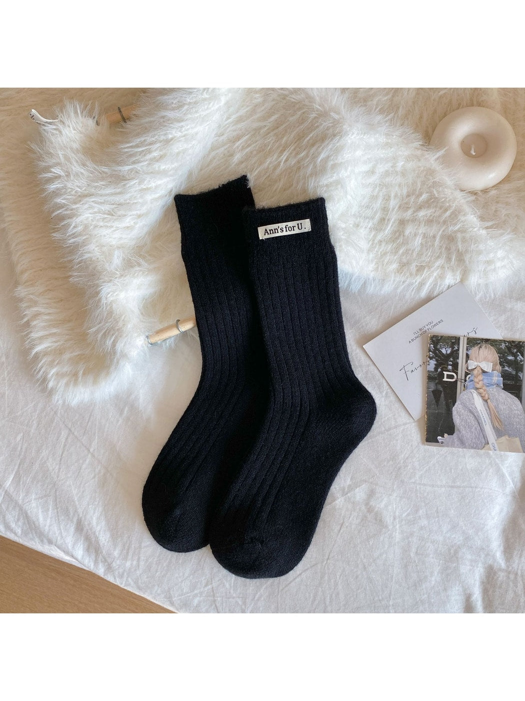 Rufia - Elegant Solid Ribbed Crew Casual Socks