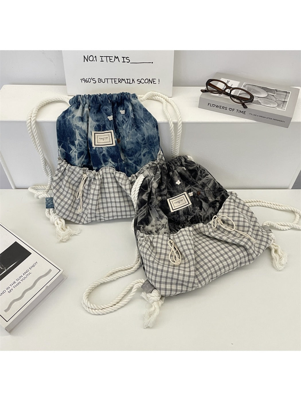 Cosbai – Plaid & Denim Drawstring Backpack
