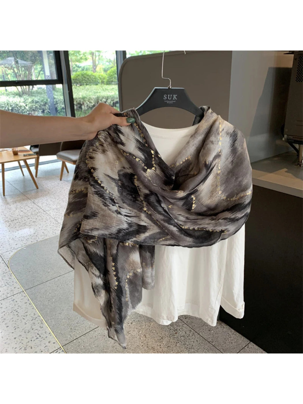 Scarvii - Abstract Wavy Gold-Accent Fringed Scarf