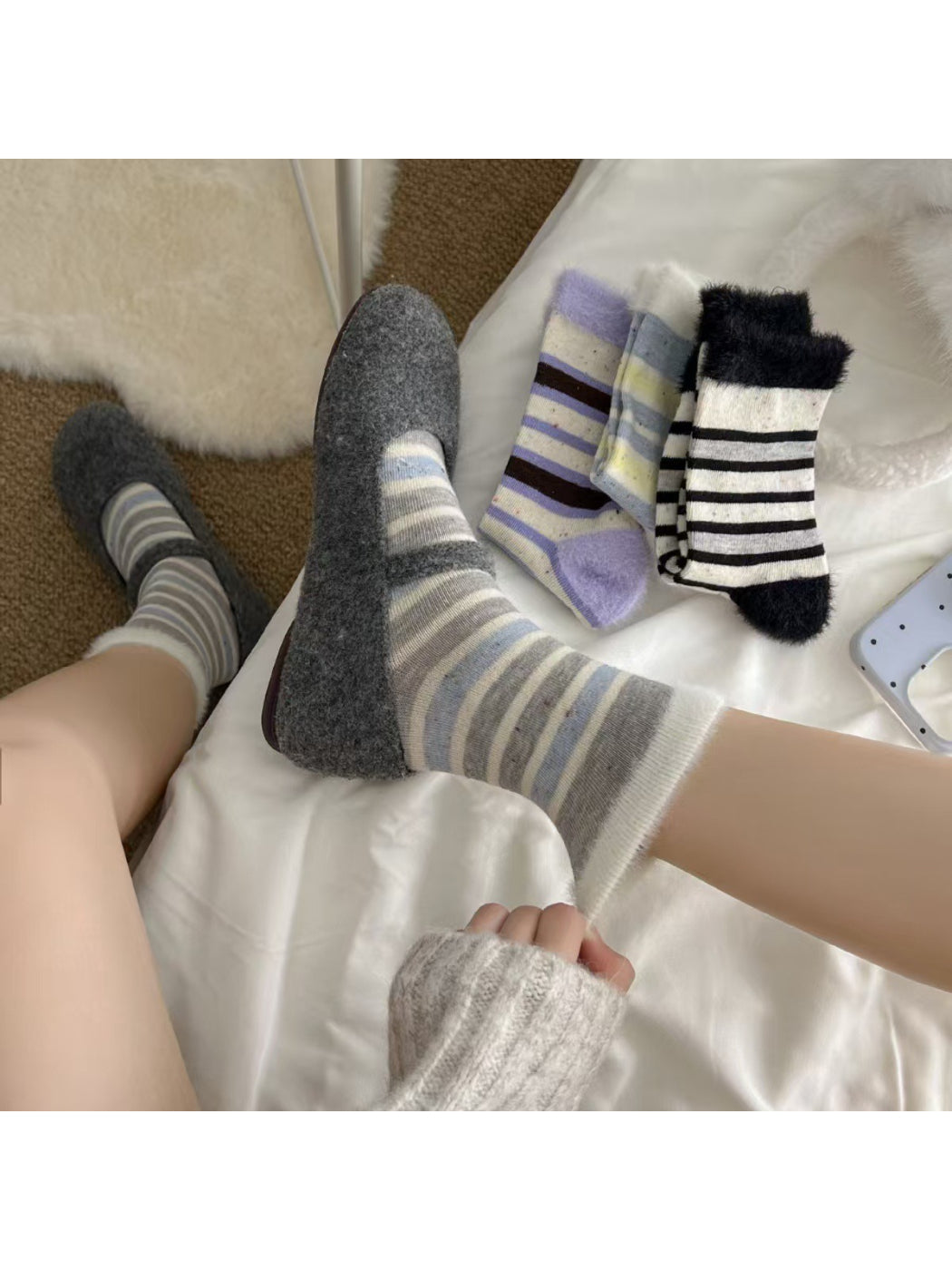 Rufia - Fuzzy Stripe Cozy Crew Socks