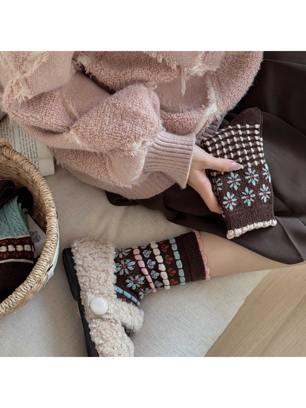 Rufia - Floral and Geometric Knit Crew Socks