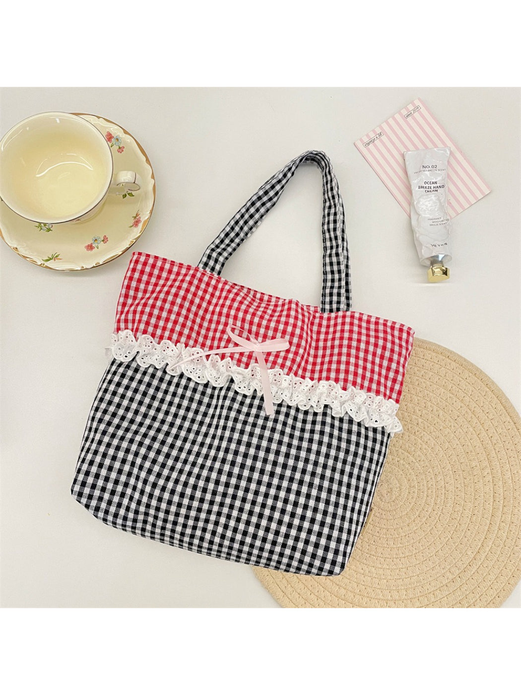Cosbai - Lace Trim Gingham Tote Bag