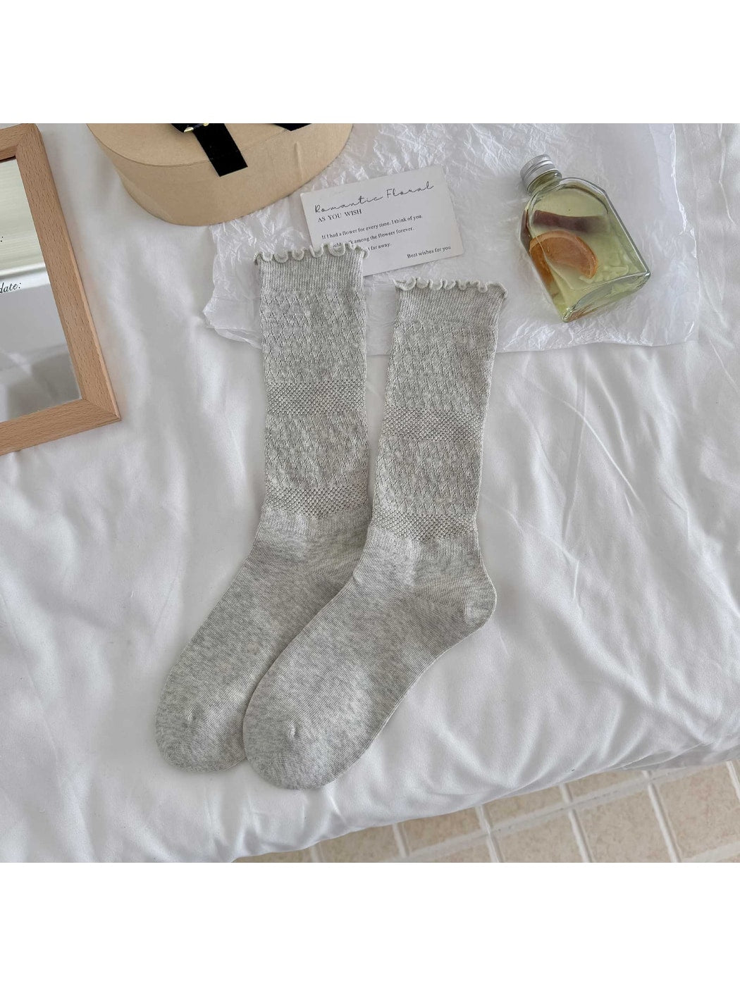 Rufia - Solid Color Ruffle Cuff Openwork Crew Socks