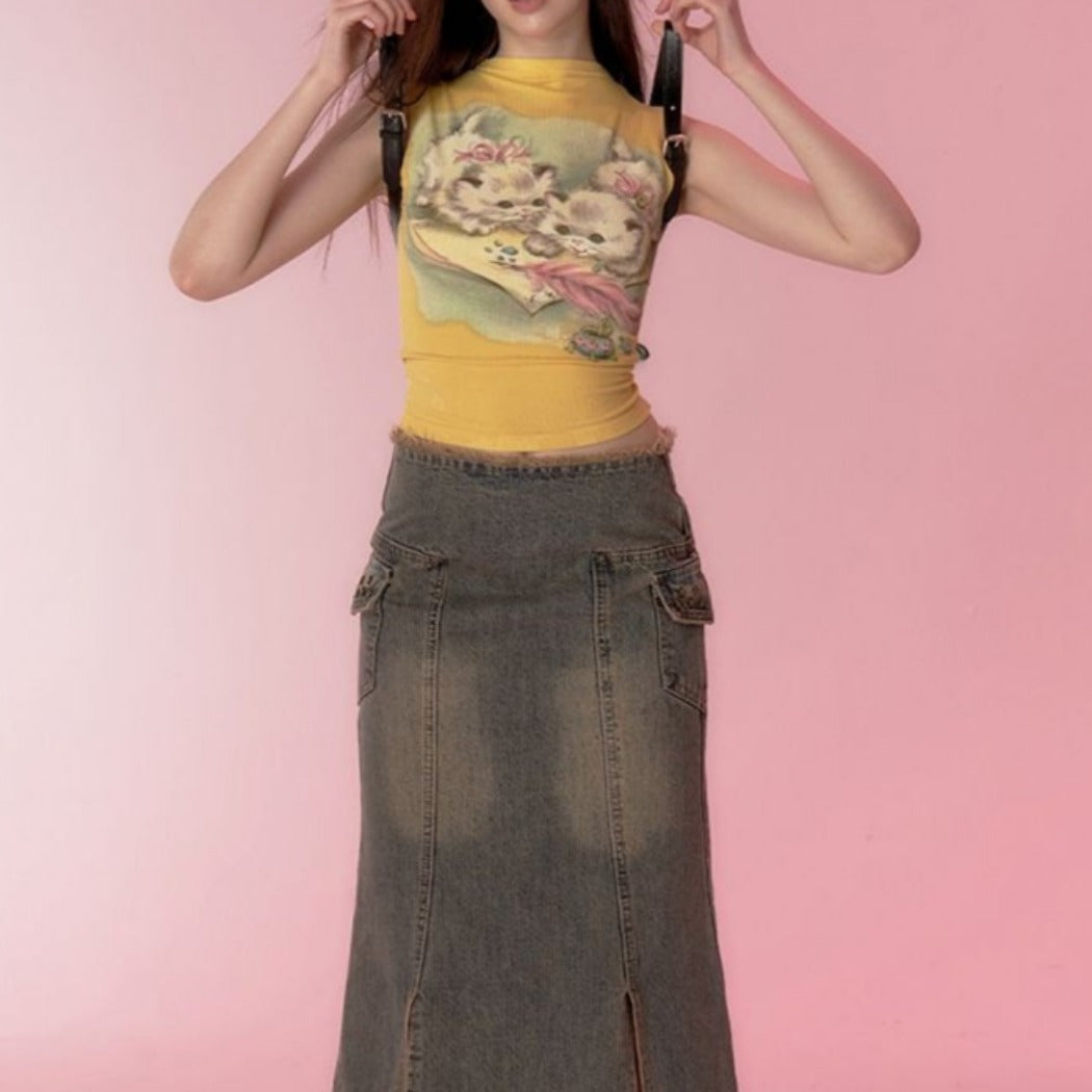 Vesty- Vintage Cat Short Tank Top - Yellow & Black