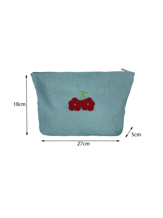Cosbai – Denim Cherry Embroidered Mini Makeup Bag