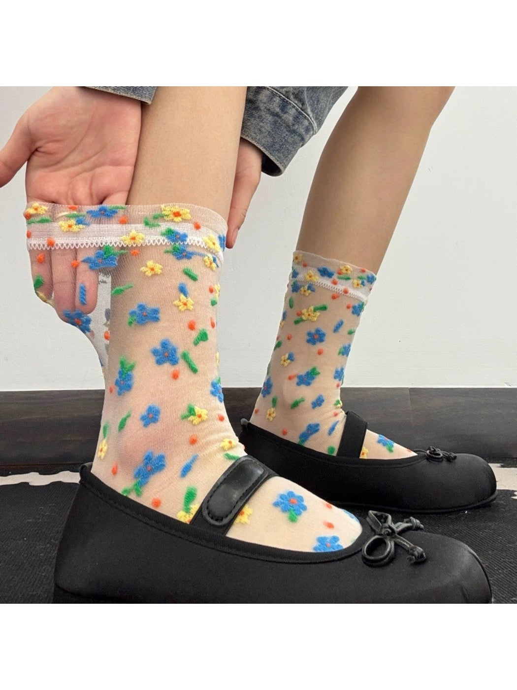Rufia - Sweet Patterned Sheer Crew Socks for Women