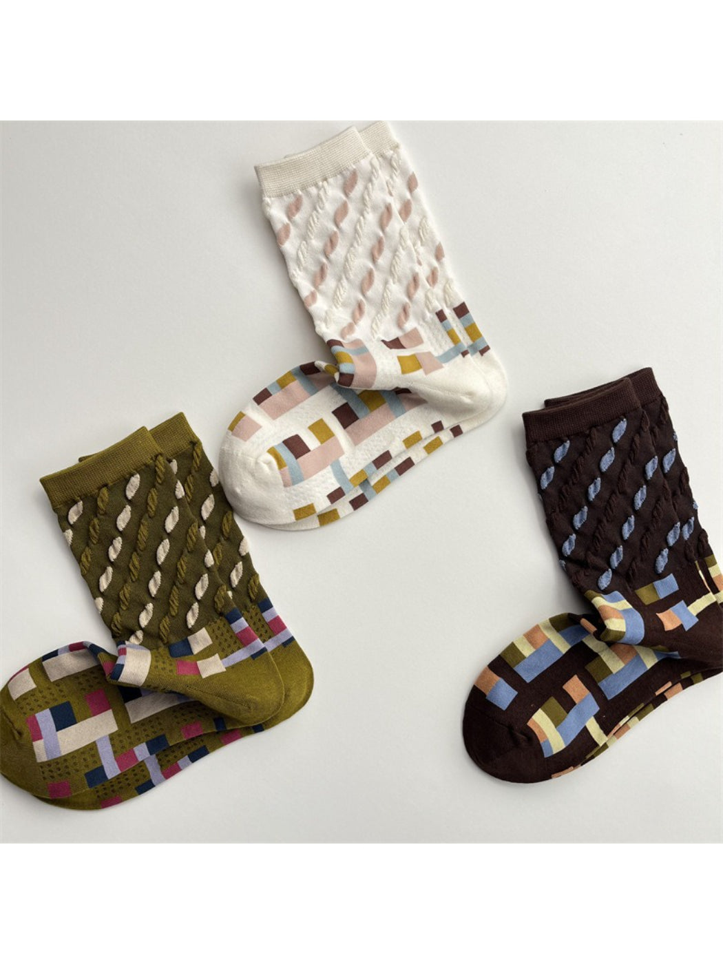 Rufia - Color Block Mid-Calf Socks – Check & Dots
