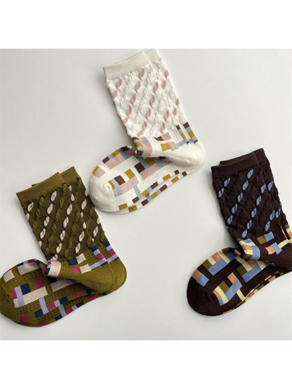 Rufia - Color Block Mid-Calf Socks – Check & Dots