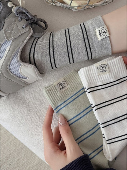 Rufia - Striped Puppy Mid-calf Socks - Cute & Stylish