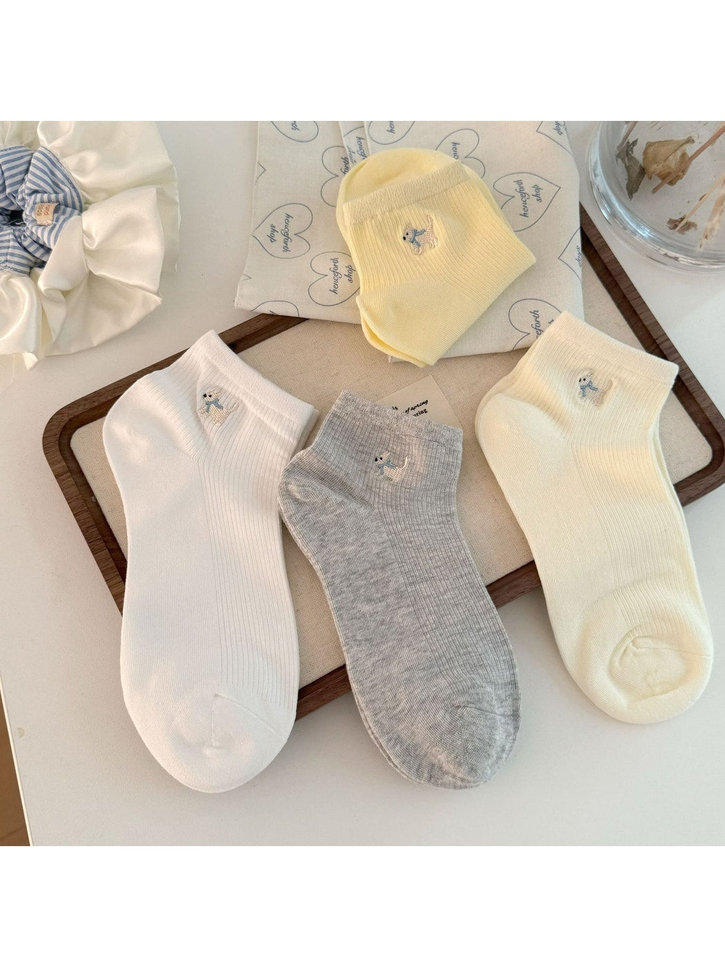 Rufia - Cute Dog Embroidery Solid Color Ankle Socks