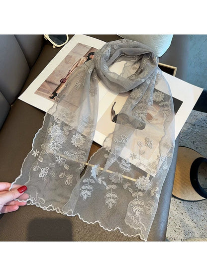 Scarvii - Plant Pattern Embroidered Lace Scarf