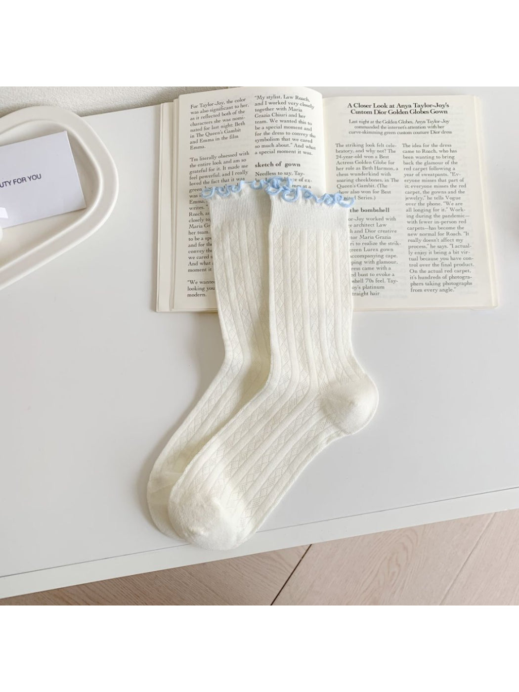 Rufia - Color Trim Ruffle Cuff Crew Socks