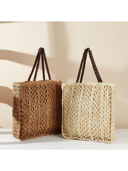 Cosbai - Beaded Handle Straw Tote Bag
