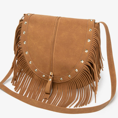 Cosbai - Vintage Brown Studded Fringe Saddle Bag