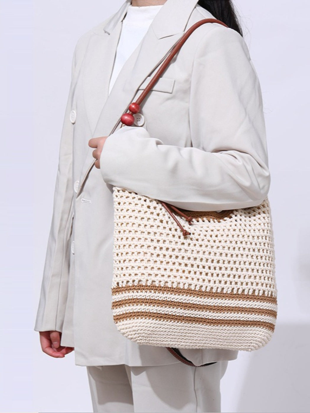 Cosbai - Beige Minimalist Woven Shoulder & Crossbody Bag