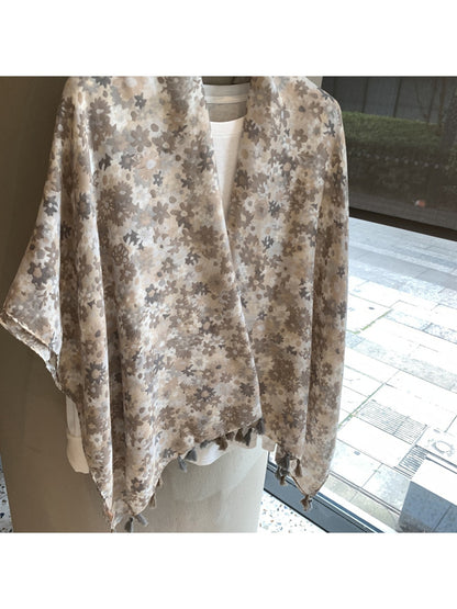 Scarvii - Khaki Floral Print Tassel Trim Long Scarf